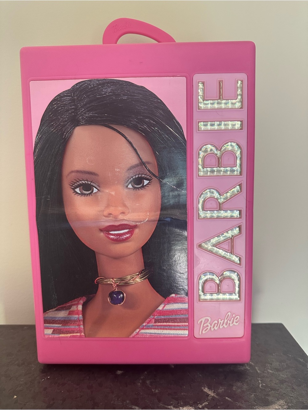Vintage Barbie plastic doll trunk carrying case with handle compartments rack